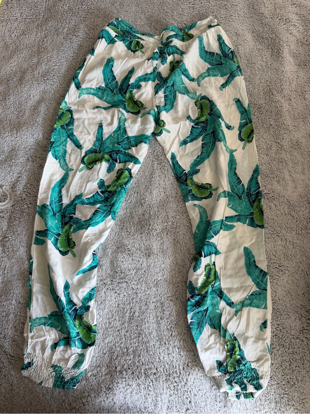 Solitaire White Jogger Pants with Teal Tropical Leaf Print